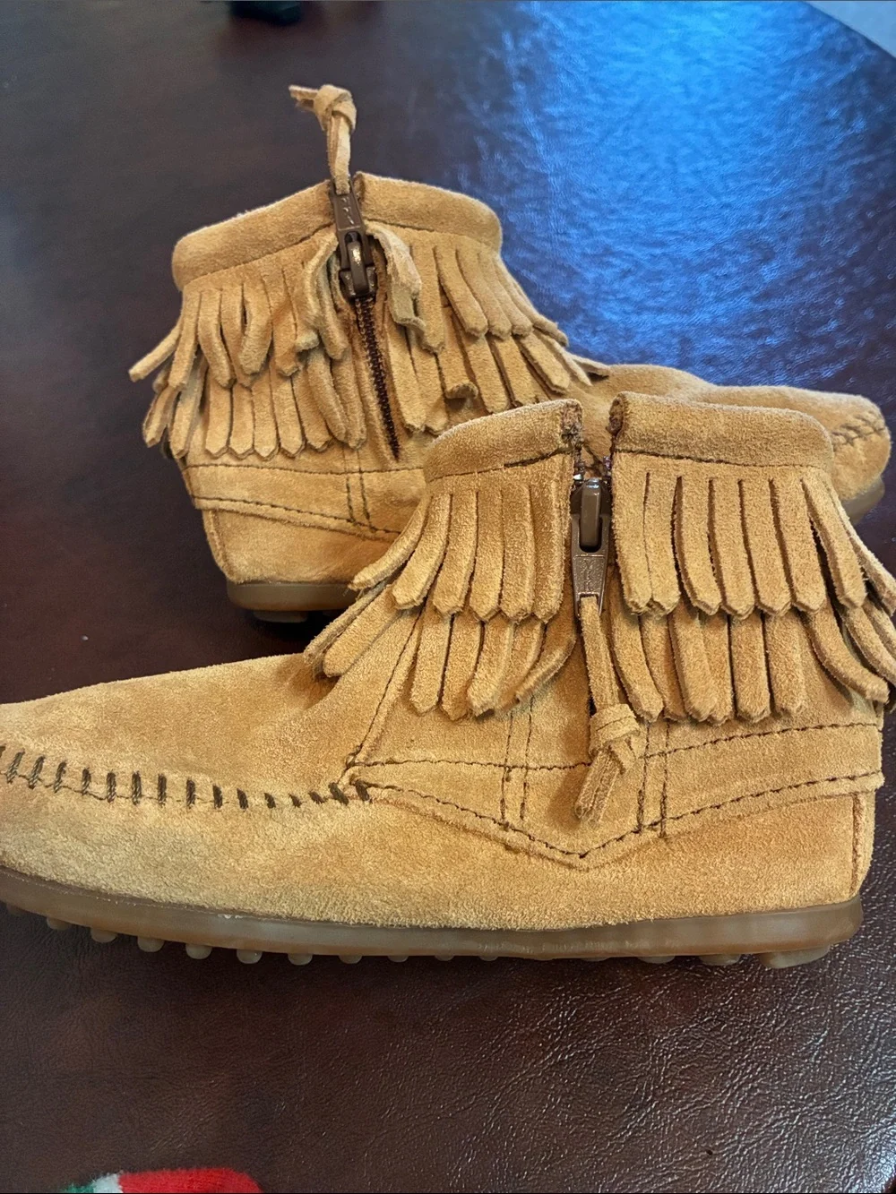 Minnetonka Kids Suede Moccasin Boots in Tan with Fringe